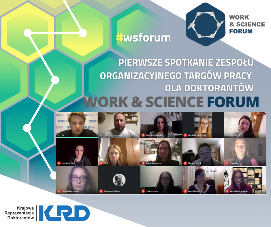Zdjęcie przedstawiające logo Work&Science Forum oraz osoby obecne na pierwszym spotkaniu organizacyjnym tego wydarzenia.